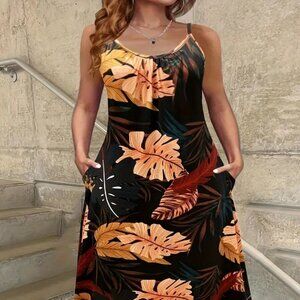 Women's Plus Size Tropical Leaf Print Slingback Pocket Holiday Summer Dress 22W